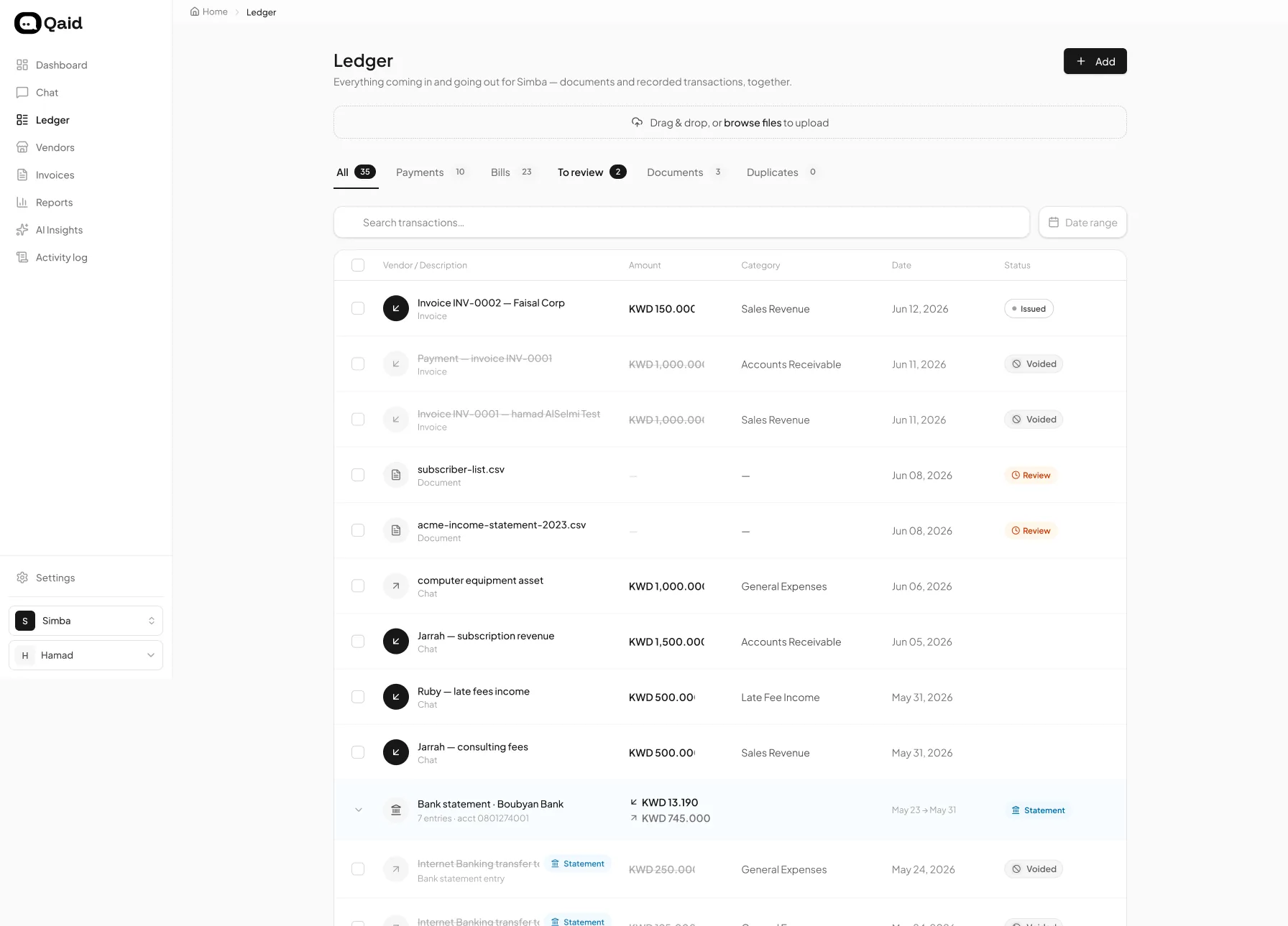 The Qaid ledger dashboard